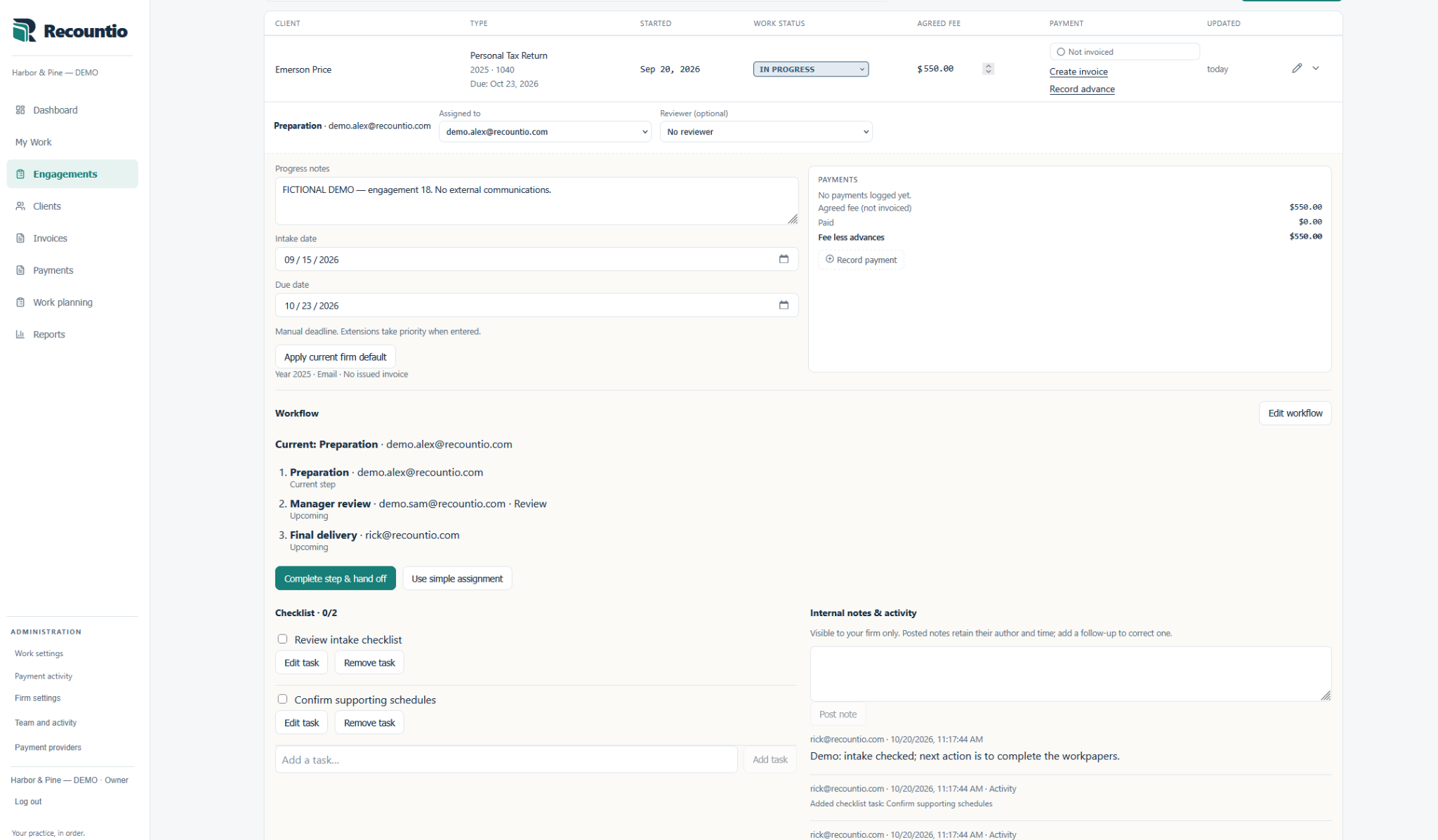 Three-step engagement workflow: preparation, manager review and final delivery, with an assigned member at each step and an accompanying checklist.